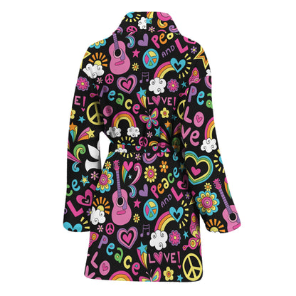Hippie Peace Sign And Love Pattern Print Women's Bathrobe