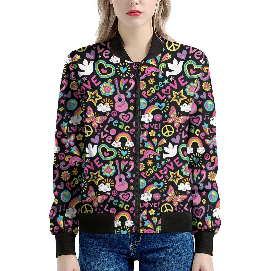 Hippie Peace Sign And Love Pattern Print Women's Bomber Jacket