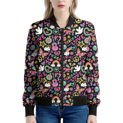 Hippie Peace Sign And Love Pattern Print Women's Bomber Jacket
