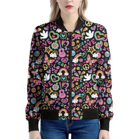 Hippie Peace Sign And Love Pattern Print Women's Bomber Jacket