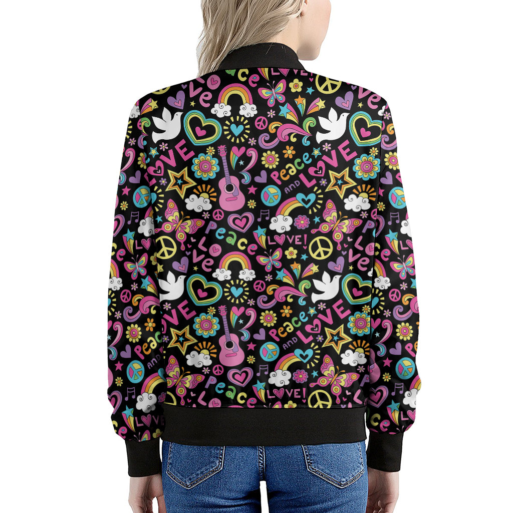 Hippie Peace Sign And Love Pattern Print Women's Bomber Jacket