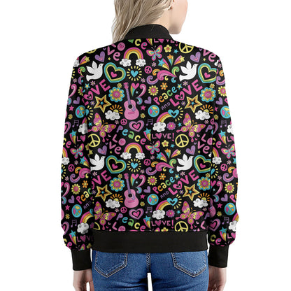 Hippie Peace Sign And Love Pattern Print Women's Bomber Jacket