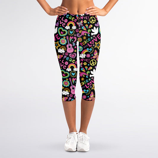 Hippie Peace Sign And Love Pattern Print Women's Capri Leggings