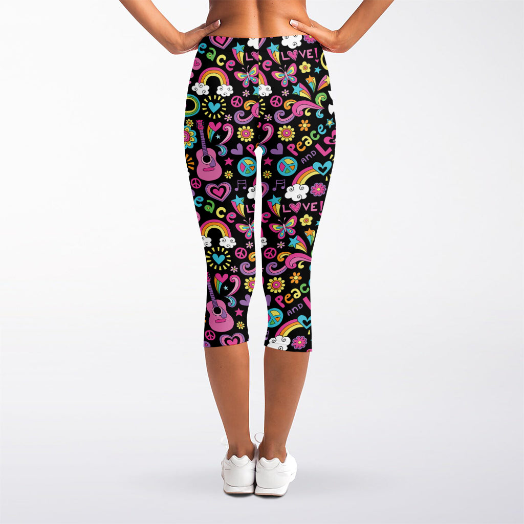 Hippie Peace Sign And Love Pattern Print Women's Capri Leggings