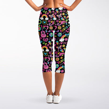 Hippie Peace Sign And Love Pattern Print Women's Capri Leggings