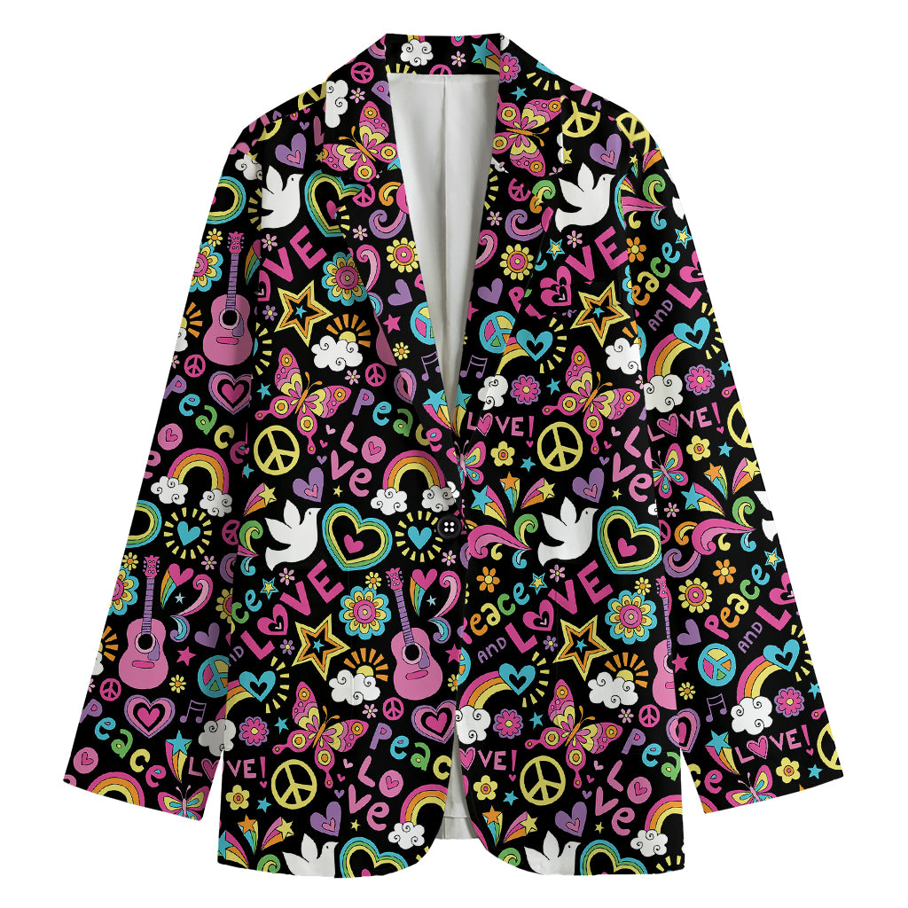 Hippie Peace Sign And Love Pattern Print Women's Cotton Blazer