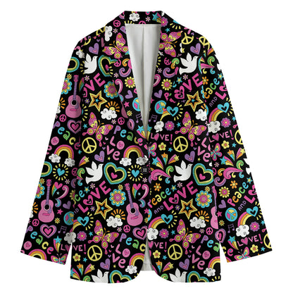 Hippie Peace Sign And Love Pattern Print Women's Cotton Blazer