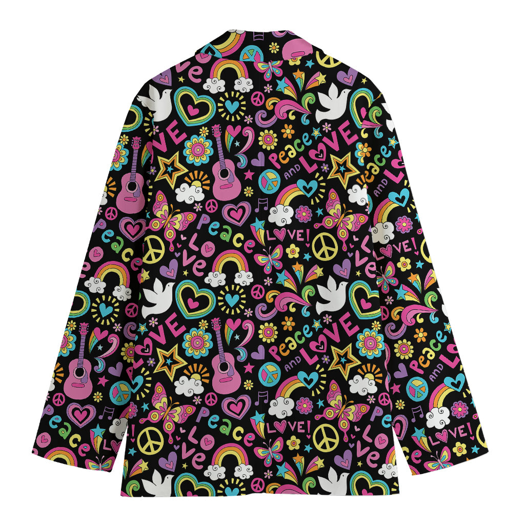 Hippie Peace Sign And Love Pattern Print Women's Cotton Blazer
