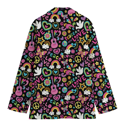 Hippie Peace Sign And Love Pattern Print Women's Cotton Blazer