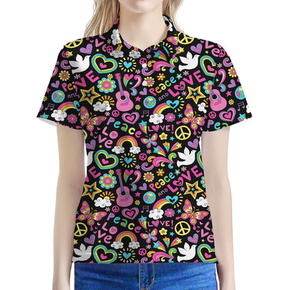 Hippie Peace Sign And Love Pattern Print Women's Polo Shirt