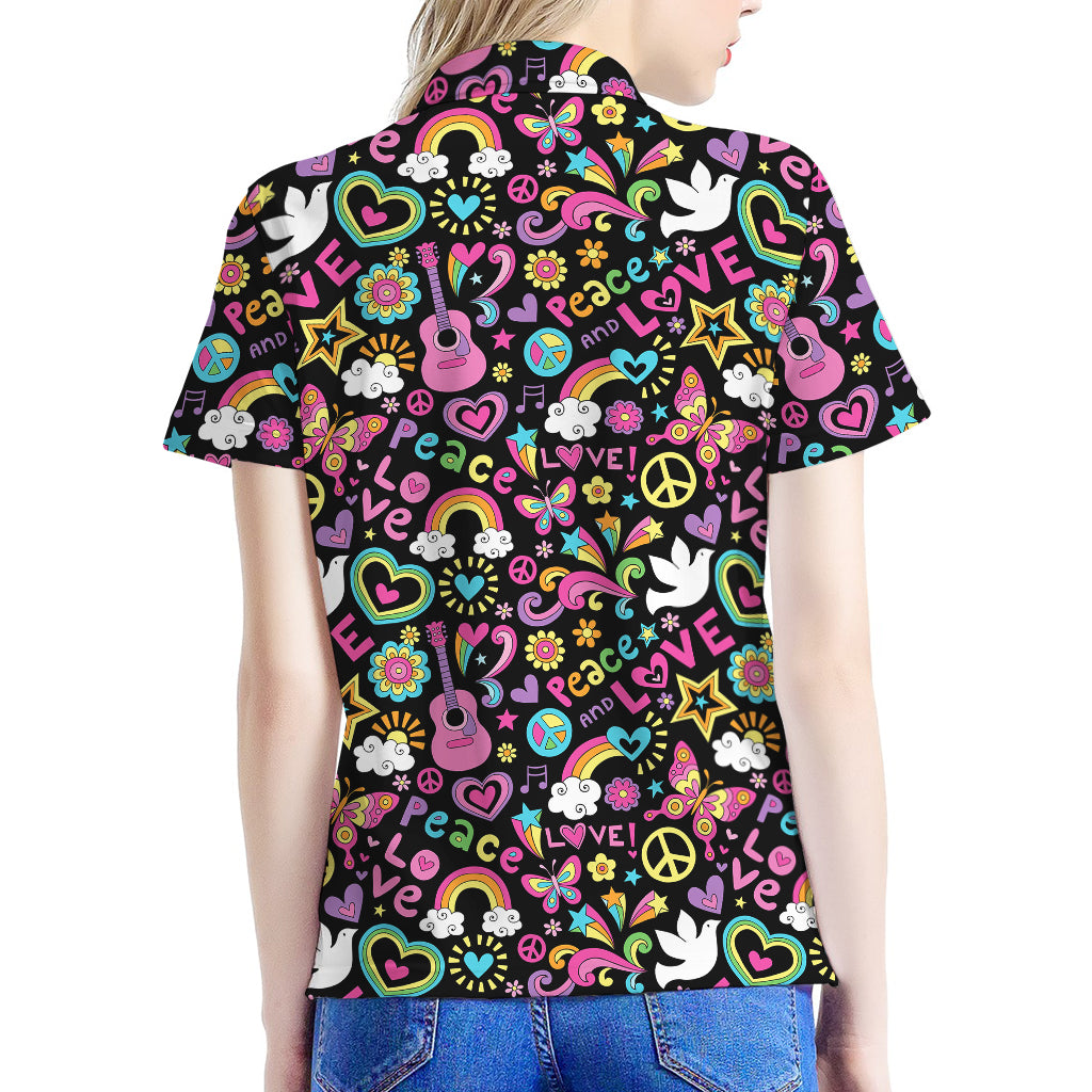 Hippie Peace Sign And Love Pattern Print Women's Polo Shirt