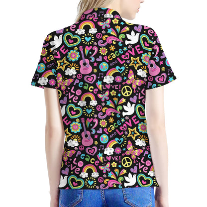 Hippie Peace Sign And Love Pattern Print Women's Polo Shirt