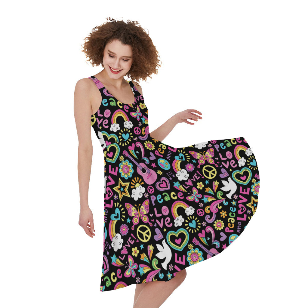 Hippie Peace Sign And Love Pattern Print Women's Sleeveless Dress