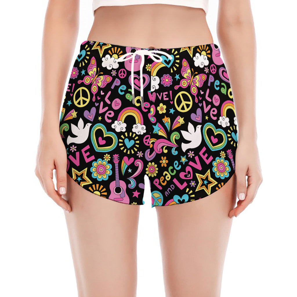 Hippie Peace Sign And Love Pattern Print Women's Split Running Shorts