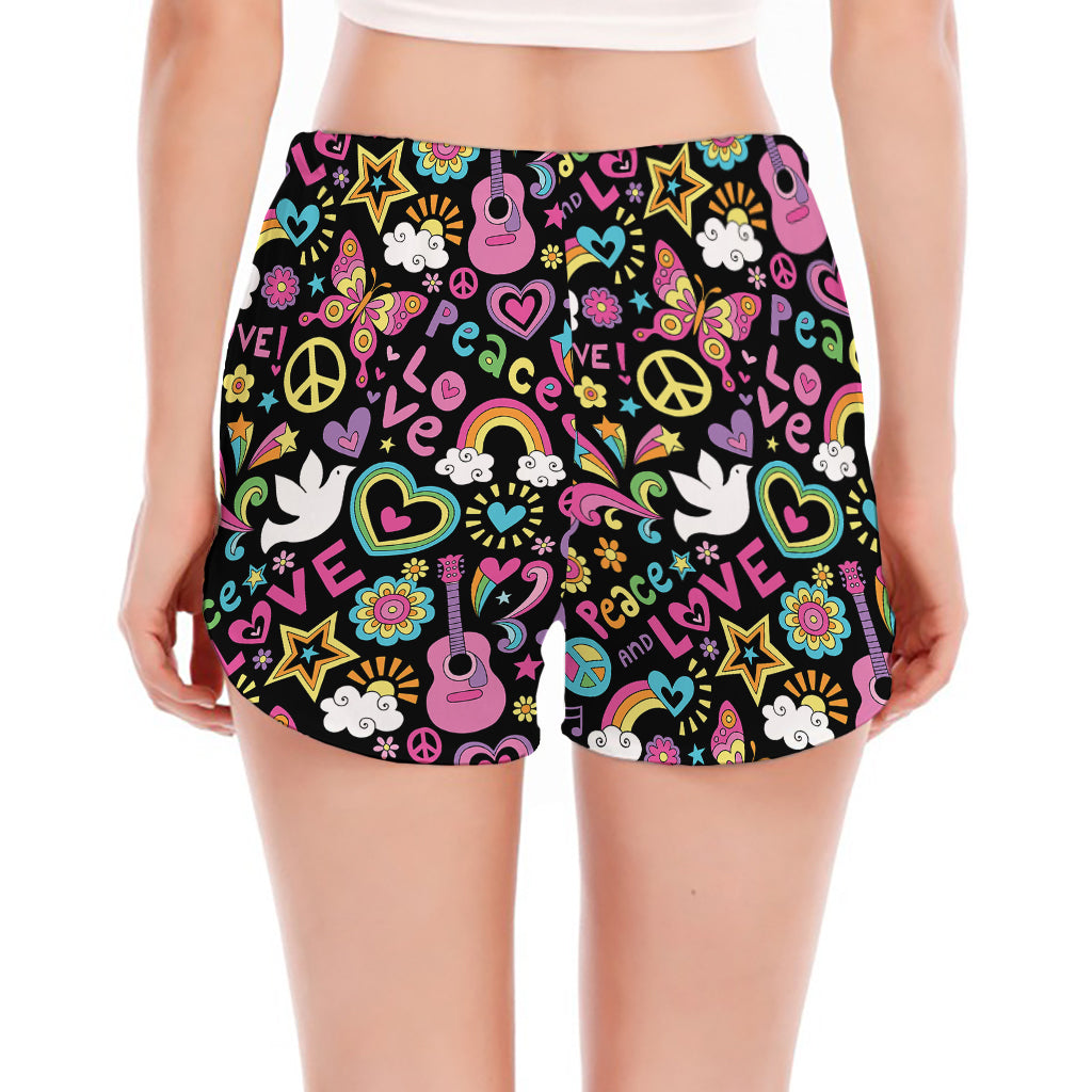 Hippie Peace Sign And Love Pattern Print Women's Split Running Shorts
