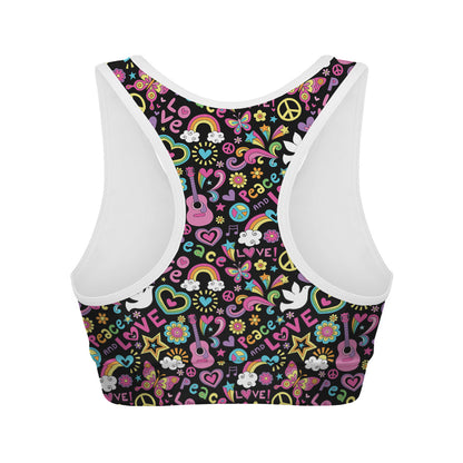 Hippie Peace Sign And Love Pattern Print Women's Sports Bra