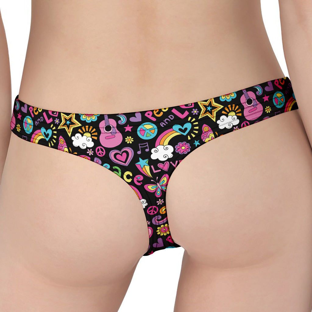 Hippie Peace Sign And Love Pattern Print Women's Thong