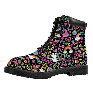 Hippie Peace Sign And Love Pattern Print Work Boots