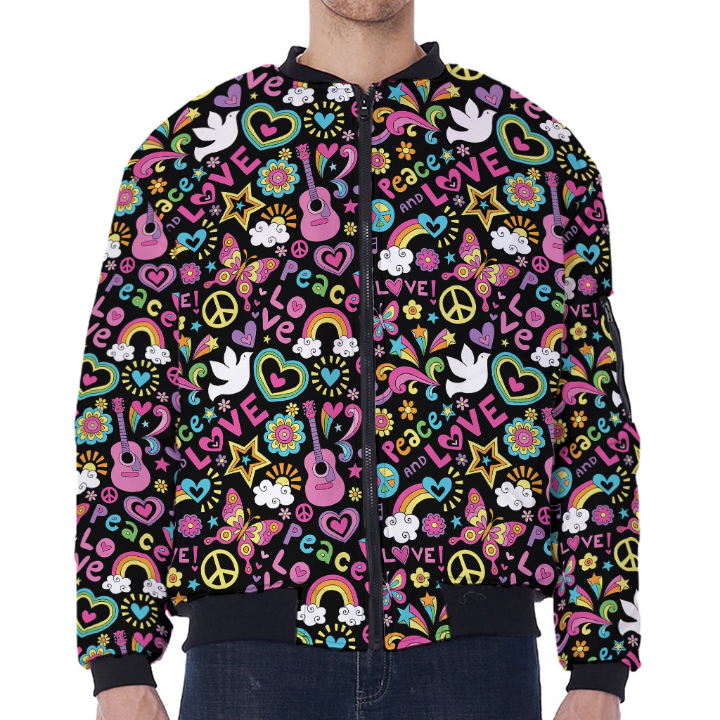 Hippie Peace Sign And Love Pattern Print Zip Sleeve Bomber Jacket