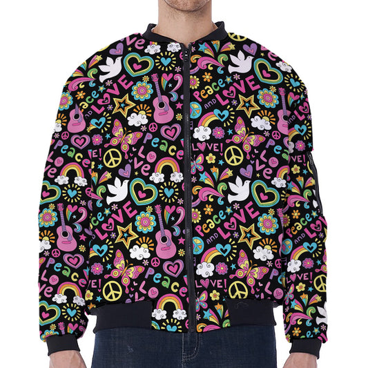 Hippie Peace Sign And Love Pattern Print Zip Sleeve Bomber Jacket