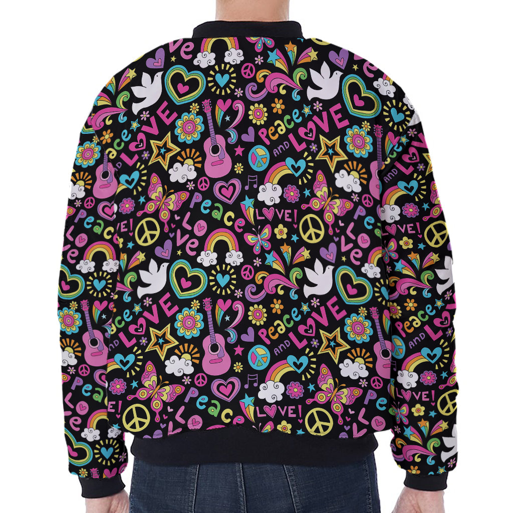 Hippie Peace Sign And Love Pattern Print Zip Sleeve Bomber Jacket