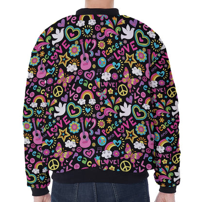 Hippie Peace Sign And Love Pattern Print Zip Sleeve Bomber Jacket