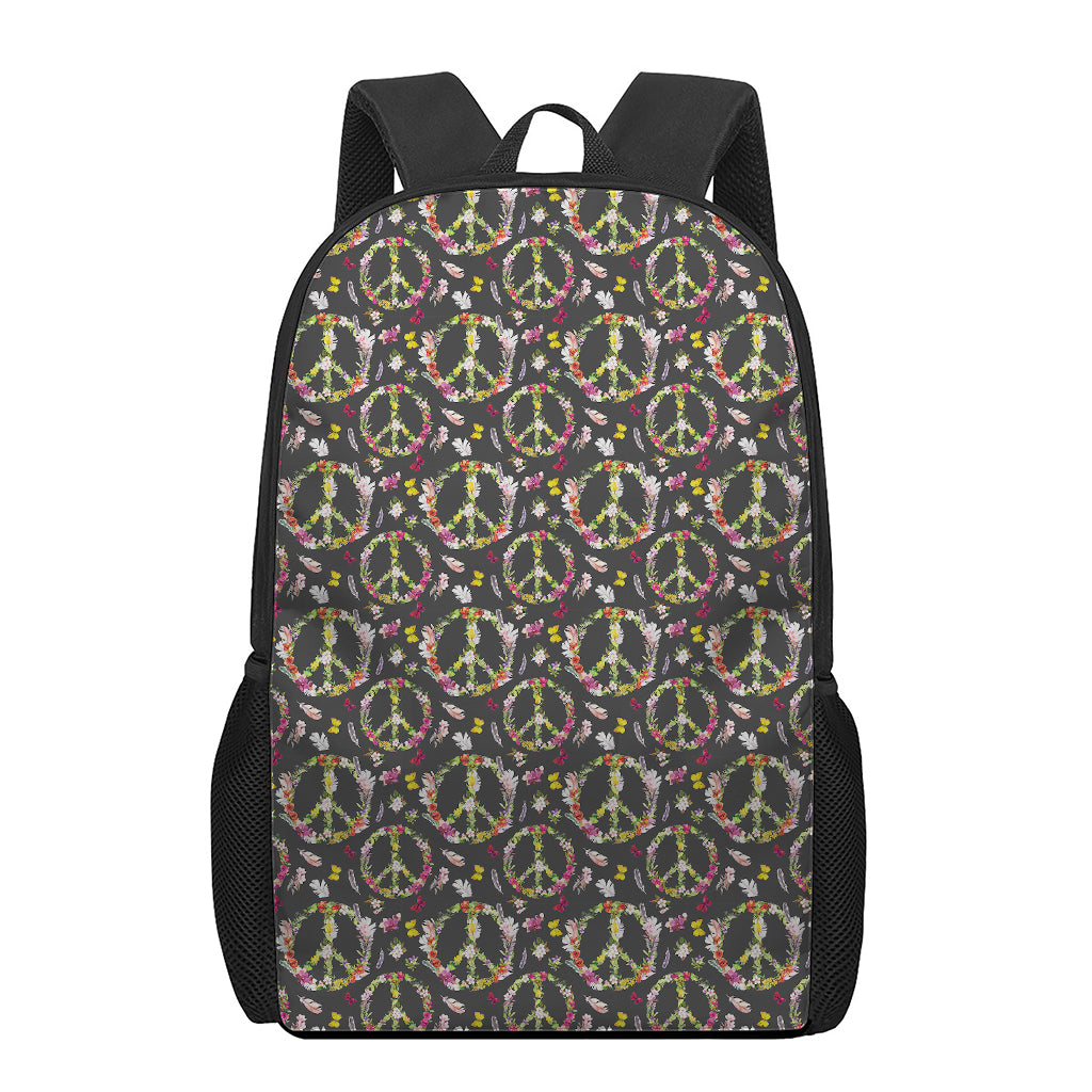 Hippie Peace Sign Flower Pattern Print 17 Inch Backpack