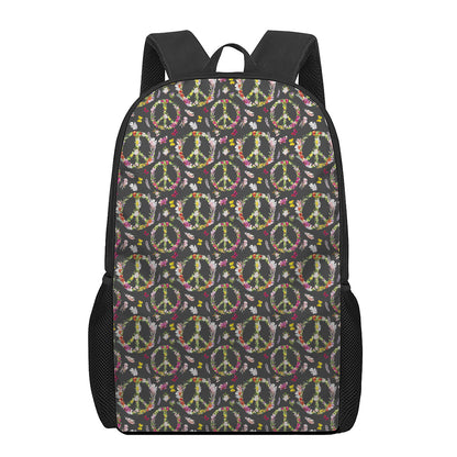Hippie Peace Sign Flower Pattern Print 17 Inch Backpack