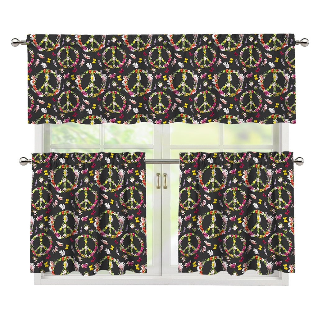 Hippie Peace Sign Flower Pattern Print 3 Piece Kitchen Curtains