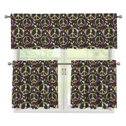 Hippie Peace Sign Flower Pattern Print 3 Piece Kitchen Curtains