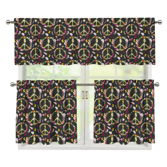 Hippie Peace Sign Flower Pattern Print 3 Piece Kitchen Curtains