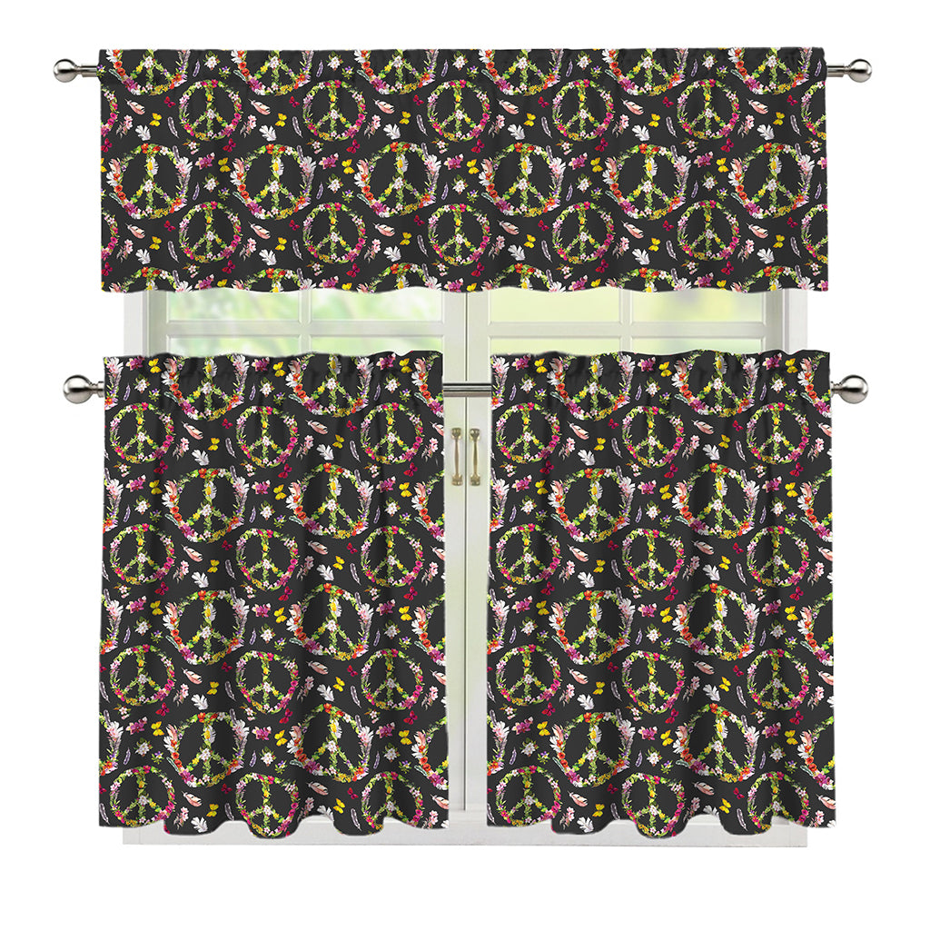 Hippie Peace Sign Flower Pattern Print 3 Piece Kitchen Curtains