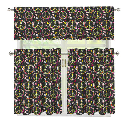Hippie Peace Sign Flower Pattern Print 3 Piece Kitchen Curtains