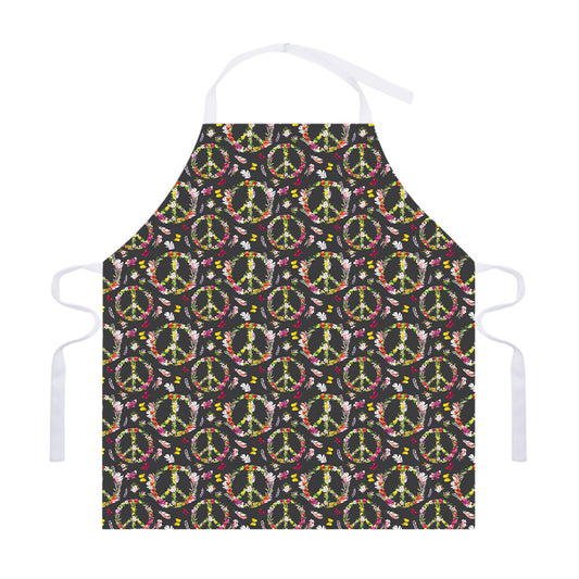 Hippie Peace Sign Flower Pattern Print Adjustable Apron