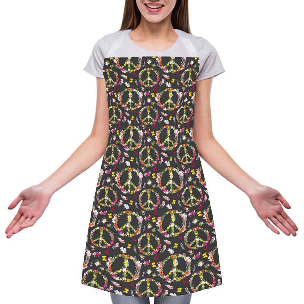 Hippie Peace Sign Flower Pattern Print Adjustable Apron