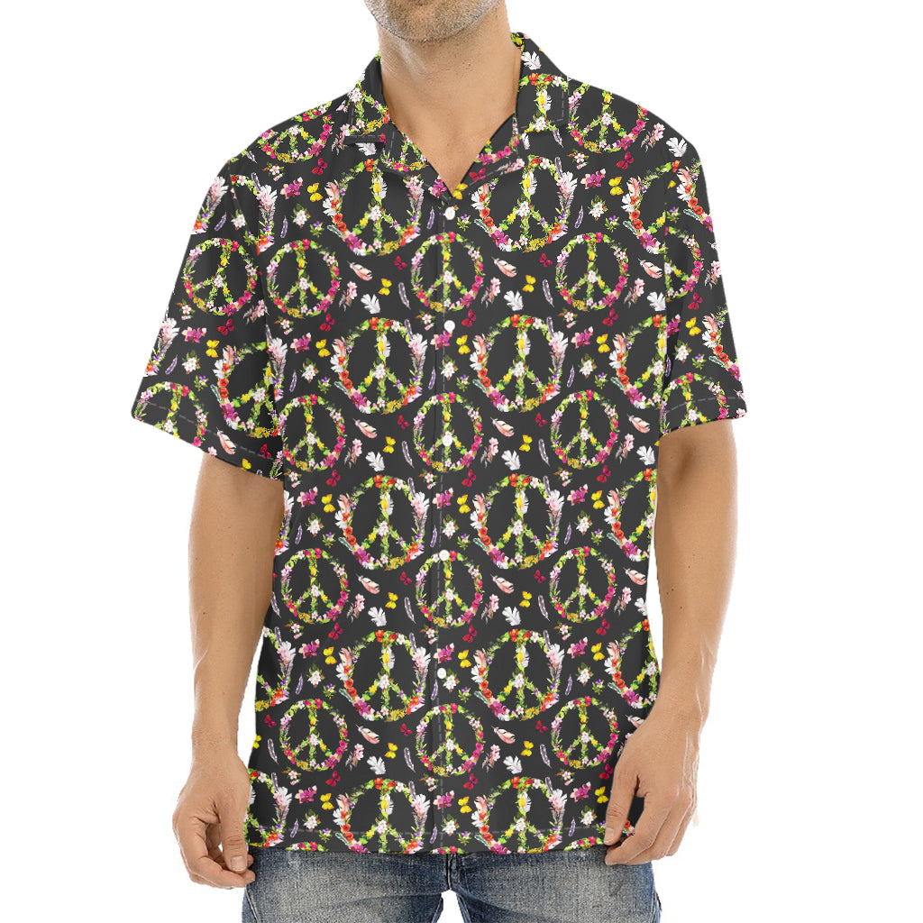 Hippie Peace Sign Flower Pattern Print Aloha Shirt