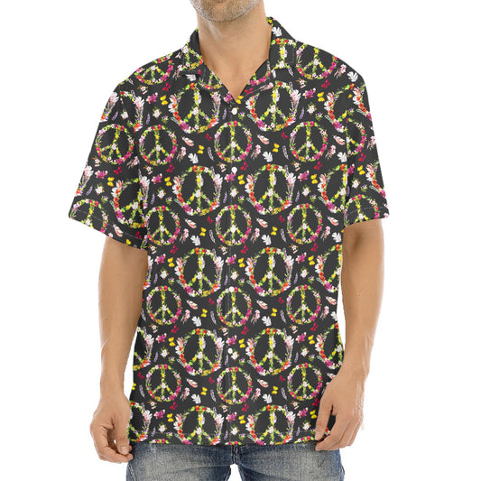 Hippie Peace Sign Flower Pattern Print Aloha Shirt