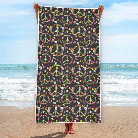 Hippie Peace Sign Flower Pattern Print Beach Towel