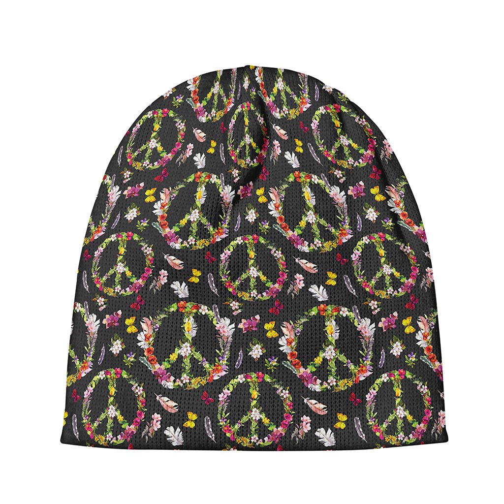 Hippie Peace Sign Flower Pattern Print Beanie