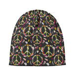 Hippie Peace Sign Flower Pattern Print Beanie