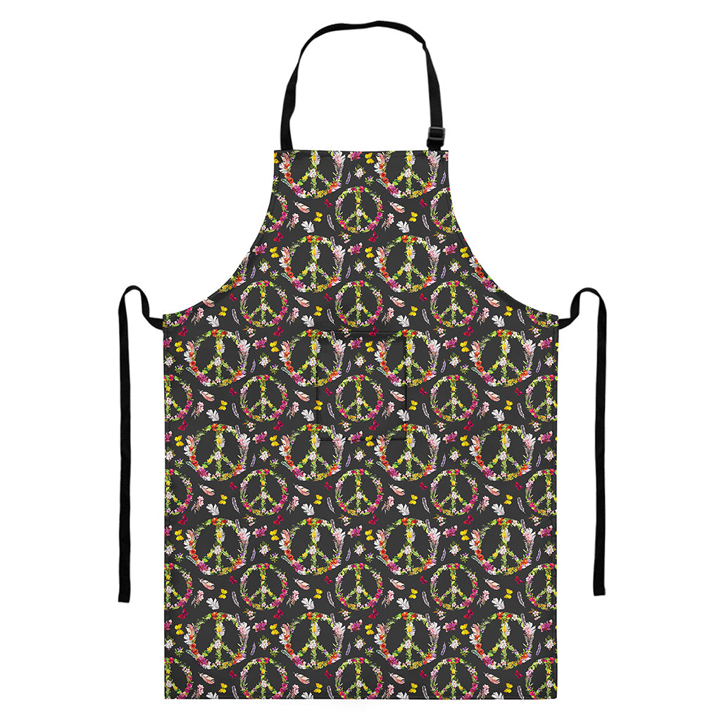 Hippie Peace Sign Flower Pattern Print Bib Apron With Pocket