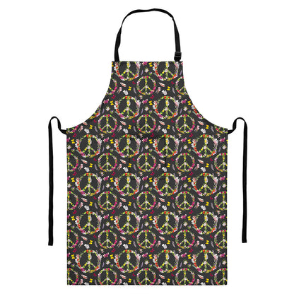 Hippie Peace Sign Flower Pattern Print Bib Apron With Pocket