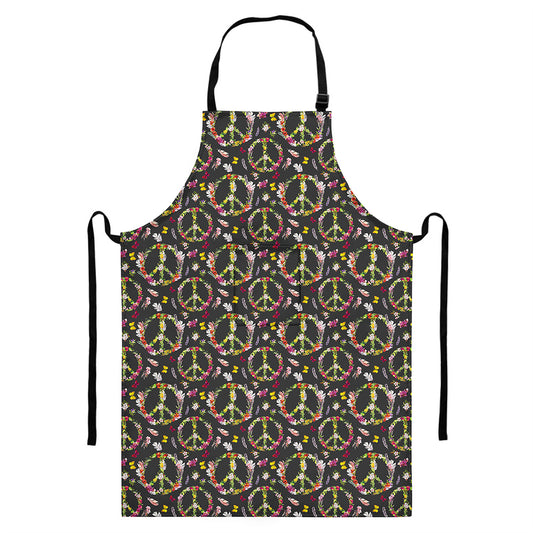 Hippie Peace Sign Flower Pattern Print Bib Apron With Pocket