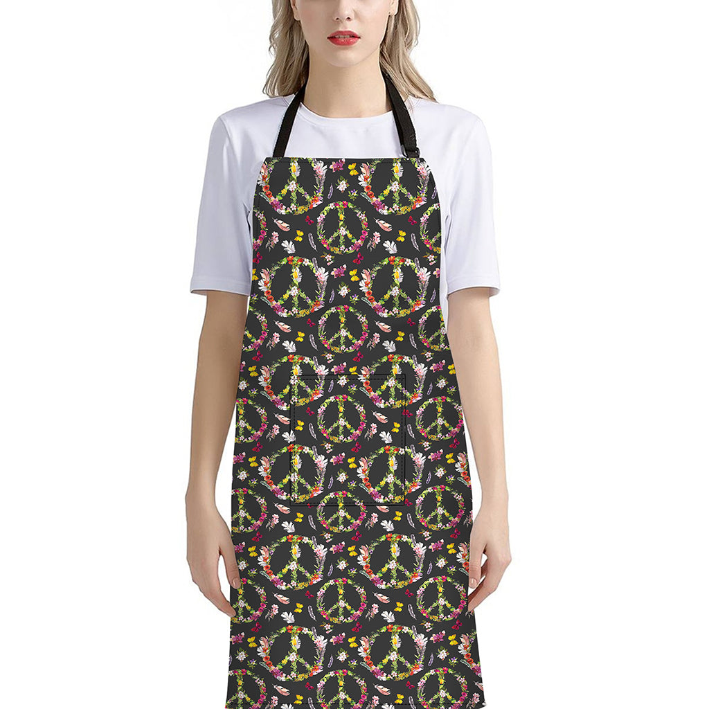 Hippie Peace Sign Flower Pattern Print Bib Apron With Pocket