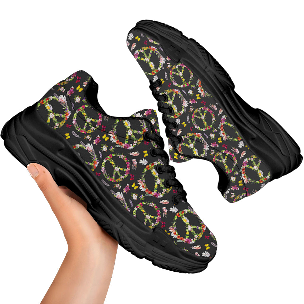 Hippie Peace Sign Flower Pattern Print Black Chunky Shoes