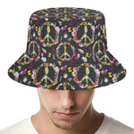 Hippie Peace Sign Flower Pattern Print Bucket Hat