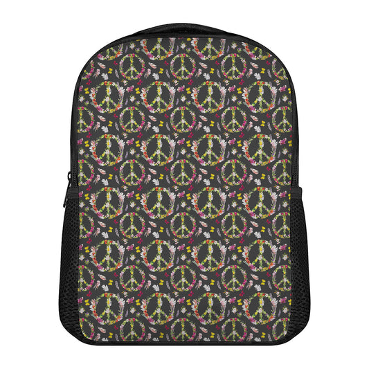 Hippie Peace Sign Flower Pattern Print Casual Backpack