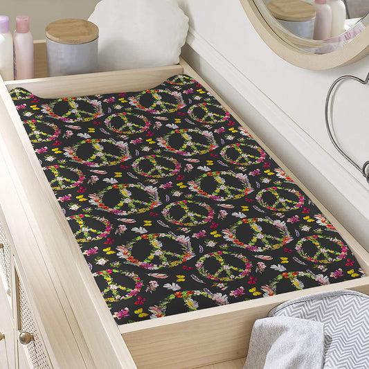 Hippie Peace Sign Flower Pattern Print Changing Pad Cover