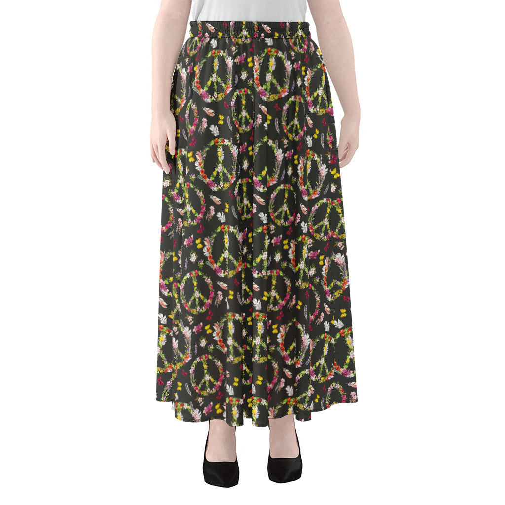 Hippie Peace Sign Flower Pattern Print Chiffon Maxi Skirt