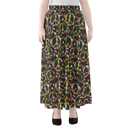 Hippie Peace Sign Flower Pattern Print Chiffon Maxi Skirt